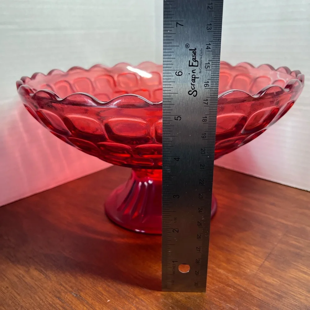 Vintage Federal Glass Yorktown Colonial Ruby Red Thumbprint Footed Bowl 10”